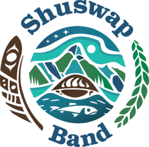 The Shuswap Band logo with stylistic mountain, bearpaw and salmon inside a circular design in blue, brown and green.